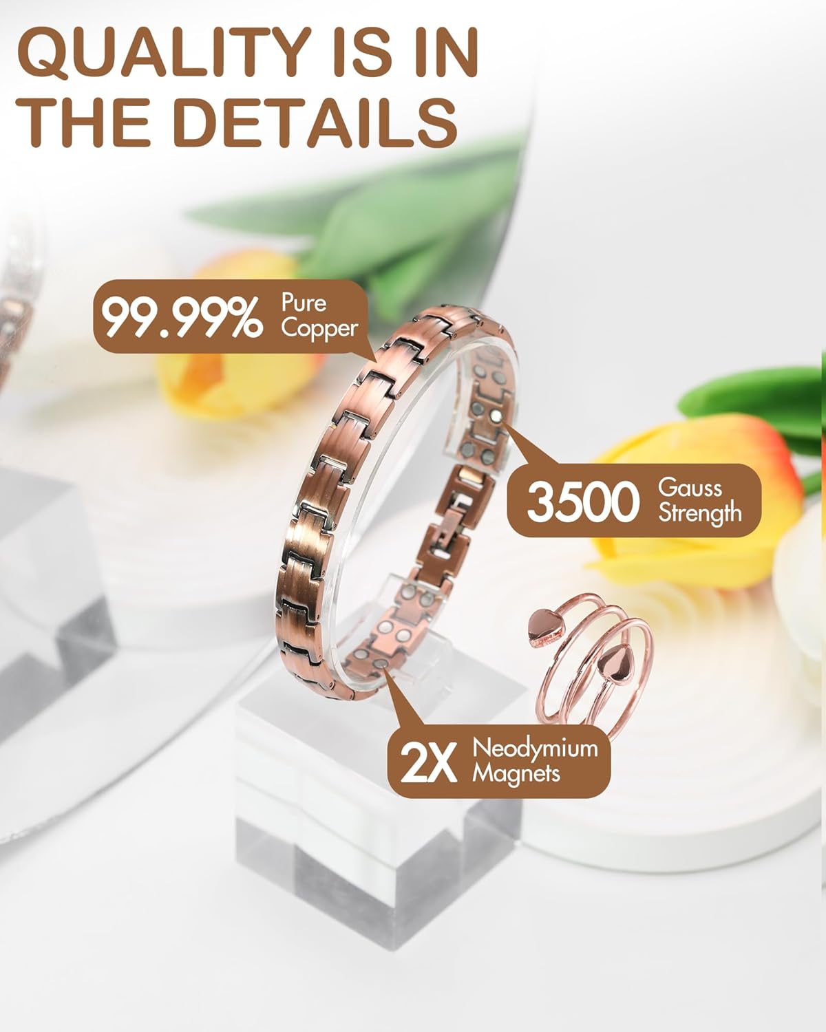 Feraco Copper Bracelets & Ring for Women, 2X Ultra Strength Magnetic Bracelet with 3500 Gauss Magnets, Adjustable with Sizing Tool, 99.99% Pure Copper Jewelry