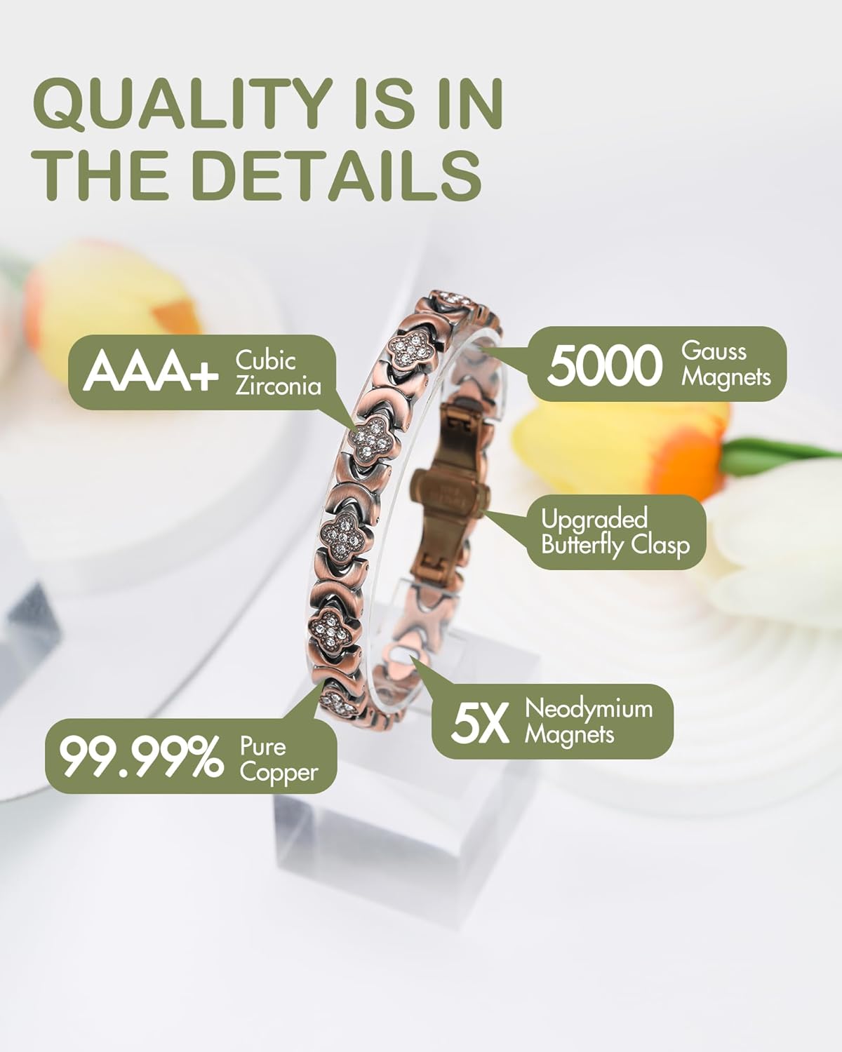 Feraco Pure Copper Bracelets for Women, 5X Ultra Strength Magnetic Bracelet with 5000 Gauss Neodymium Magnets & Upgraded Butterfly Clasp, Adjustable Jewelry Gift