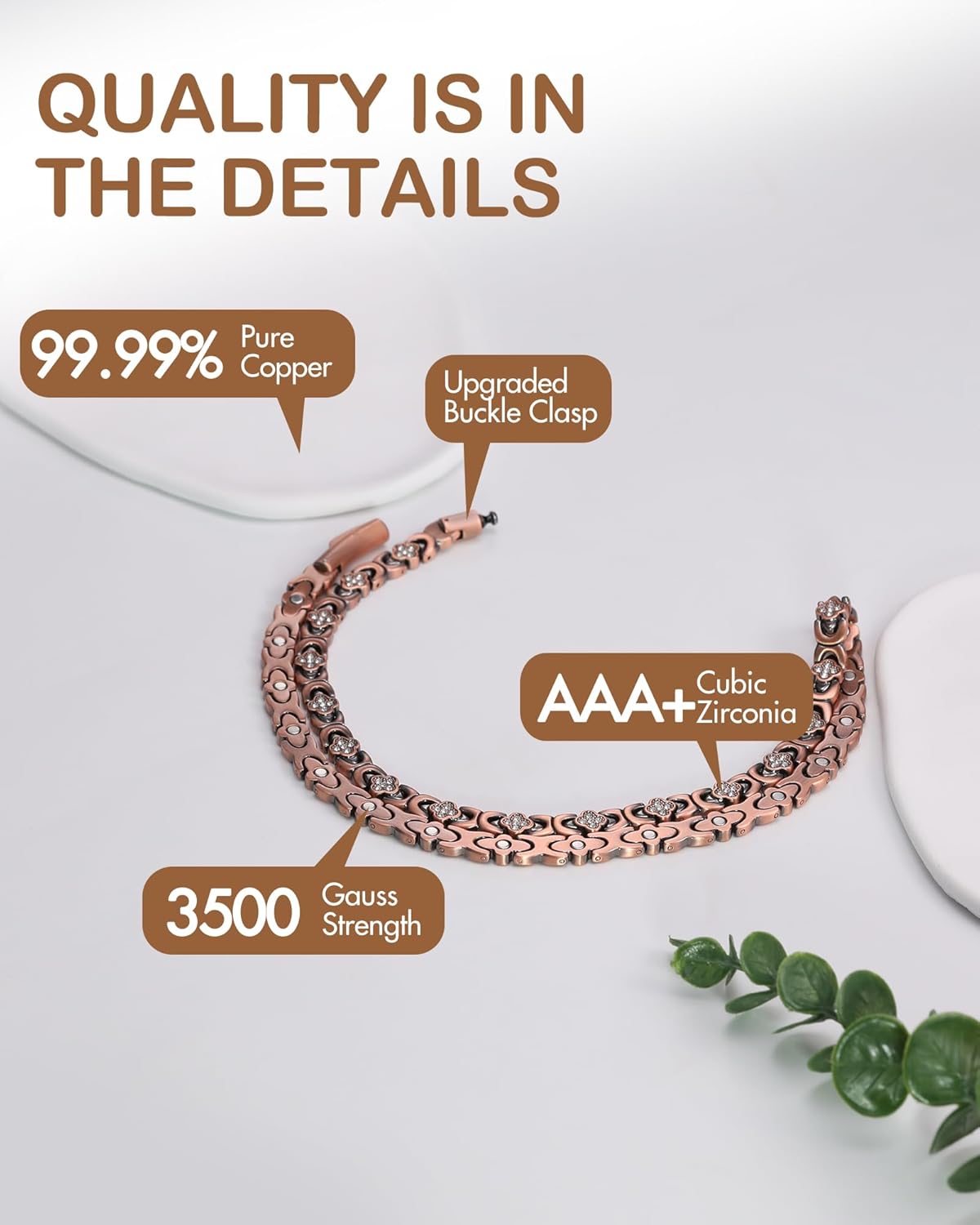 Feraco Copper Necklace for Women, 99.99% Pure Copper Magnetic Chains with 3500 Gauss Ultra Strength Neodymium Magnets & Sparkling Cubic Zirconia, Adjustable CloverJewelry Gift