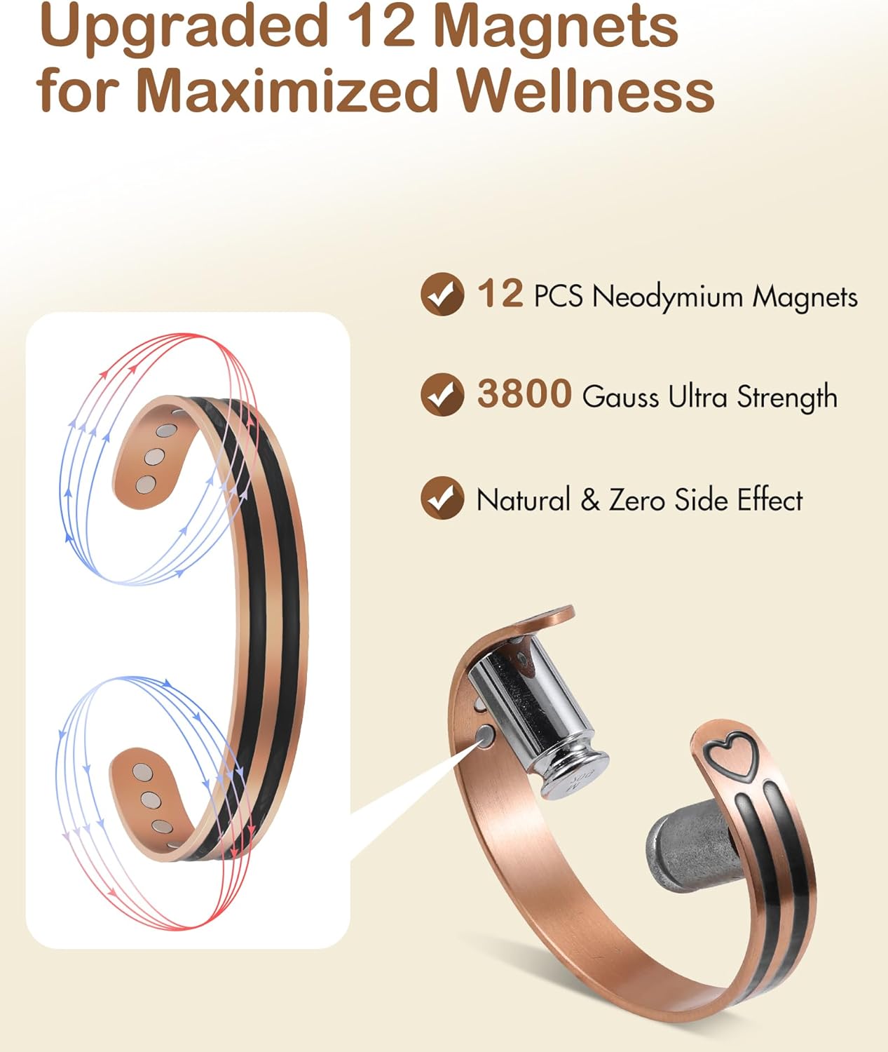 Feraco Copper Bracelet for Men Women, 12X Enhanced Strength Magnetic Bracelet with 3800 Gauss Neodymium Magnets, Pure Copper Cuff Bangle, Adjustable Jewelry Gift (Black Heartflow)