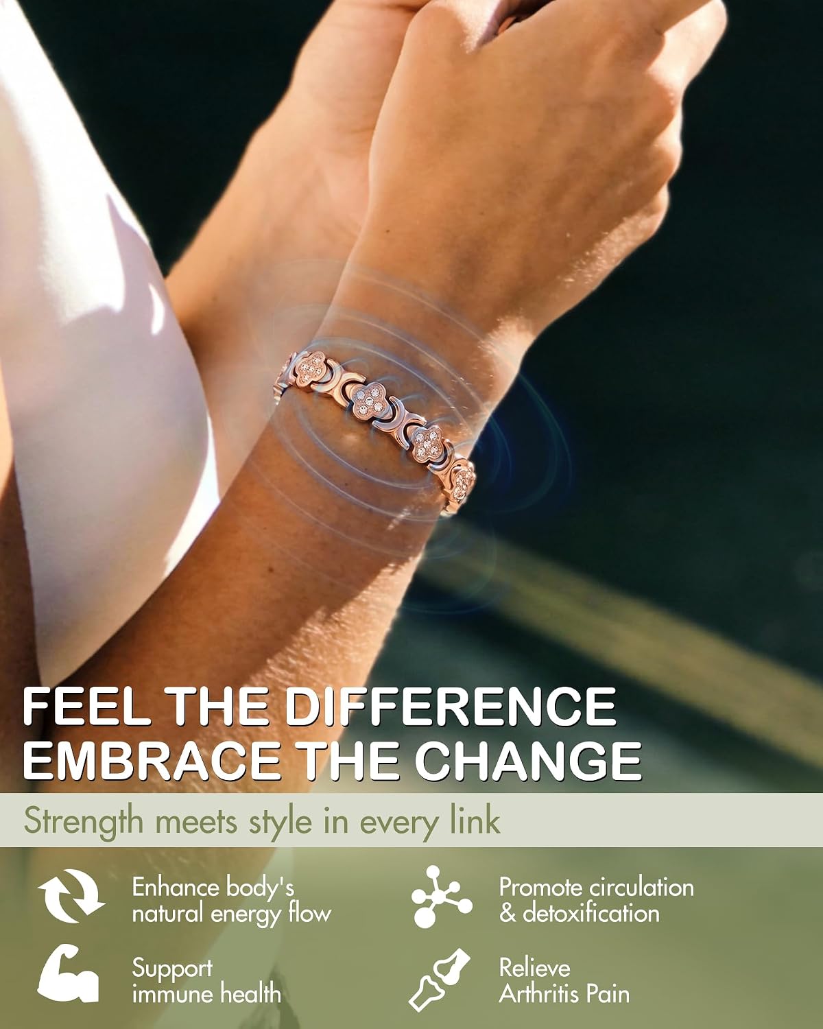 Feraco 5X Strength Magnetic Copper Bracelet with 5000 Gauss Neodymium Magnets, Rose Gold Clover
