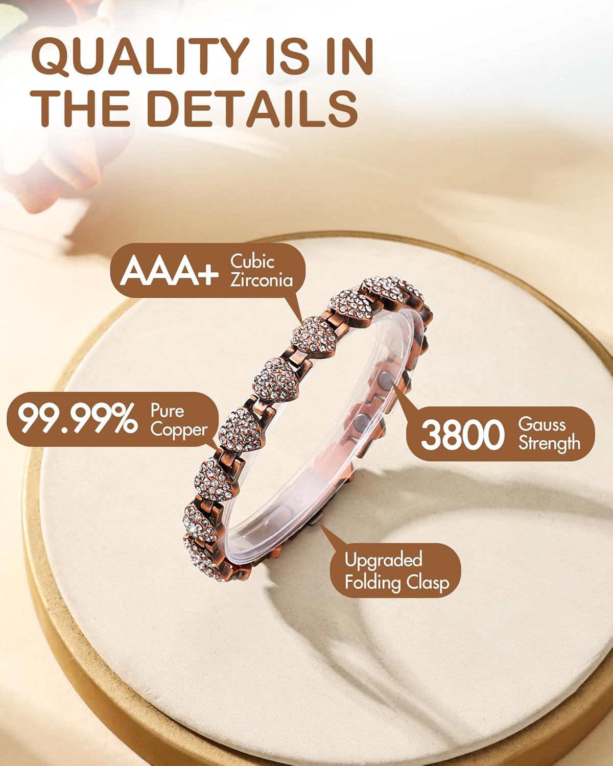 Feraco Copper Bracelets for Women, Ultra Strength Magnetic Bracelet with 3800 Gauss Neodymium Magnets & Dazzling Cubic Zirconia, 99.99% Pure Copper Jewelry Gift, Heart Shape