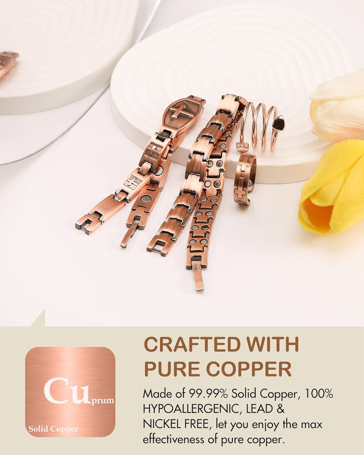 Feraco Copper Bracelets & Ring for Women, 2X Ultra Strength Magnetic Bracelet with 3500 Gauss Magnets, Adjustable with Sizing Tool, 99.99% Pure Copper Jewelry