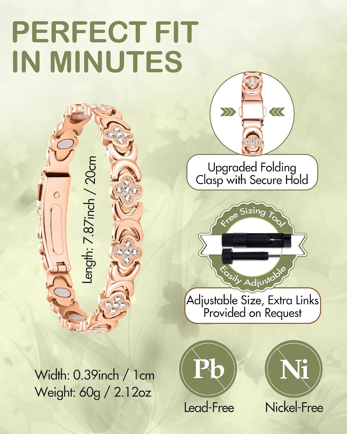 Feraco 5X Strength Magnetic Copper Bracelet with 5000 Gauss Neodymium Magnets, Rose Gold Clover