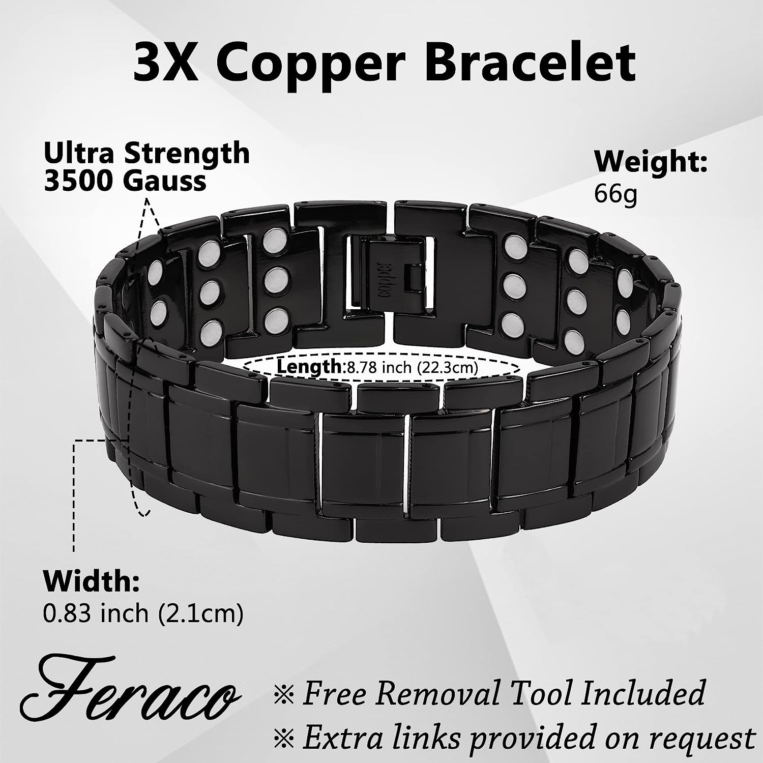 Heavy Solid Copper Magnetic Bracelet – Pure ID Copper Link – 36 Magnets – With Link Remover & Gift Box – Gausstherapy