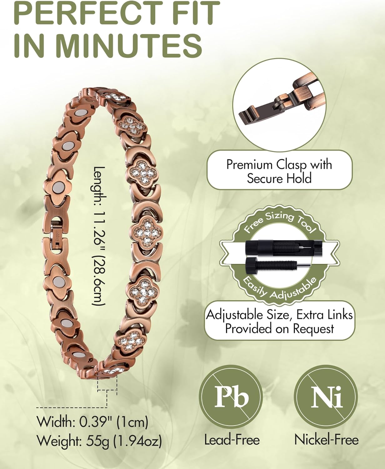 Feraco Copper Ankle Bracelet for Women, 99.99% Pure Copper Magnetic Anklet with 3800 Gauss Neodymium Magnet & Sparkling Zirconia, Adjustable with Sizing Tool