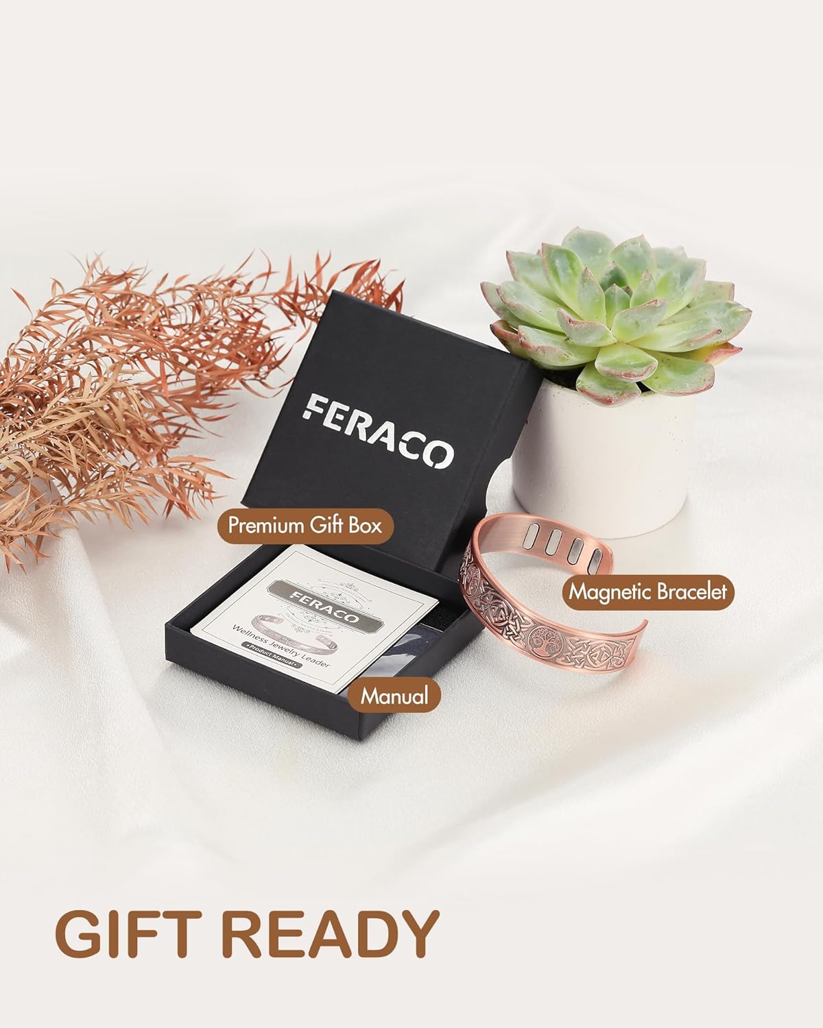 Feraco Copper Bracelet for Men, 5X Ultra Strength Magnetic Cuff Bangle with 5000 Gauss Neodymium Magnets, 99.99% Pure Copper Jewelry Gift, Adjustable