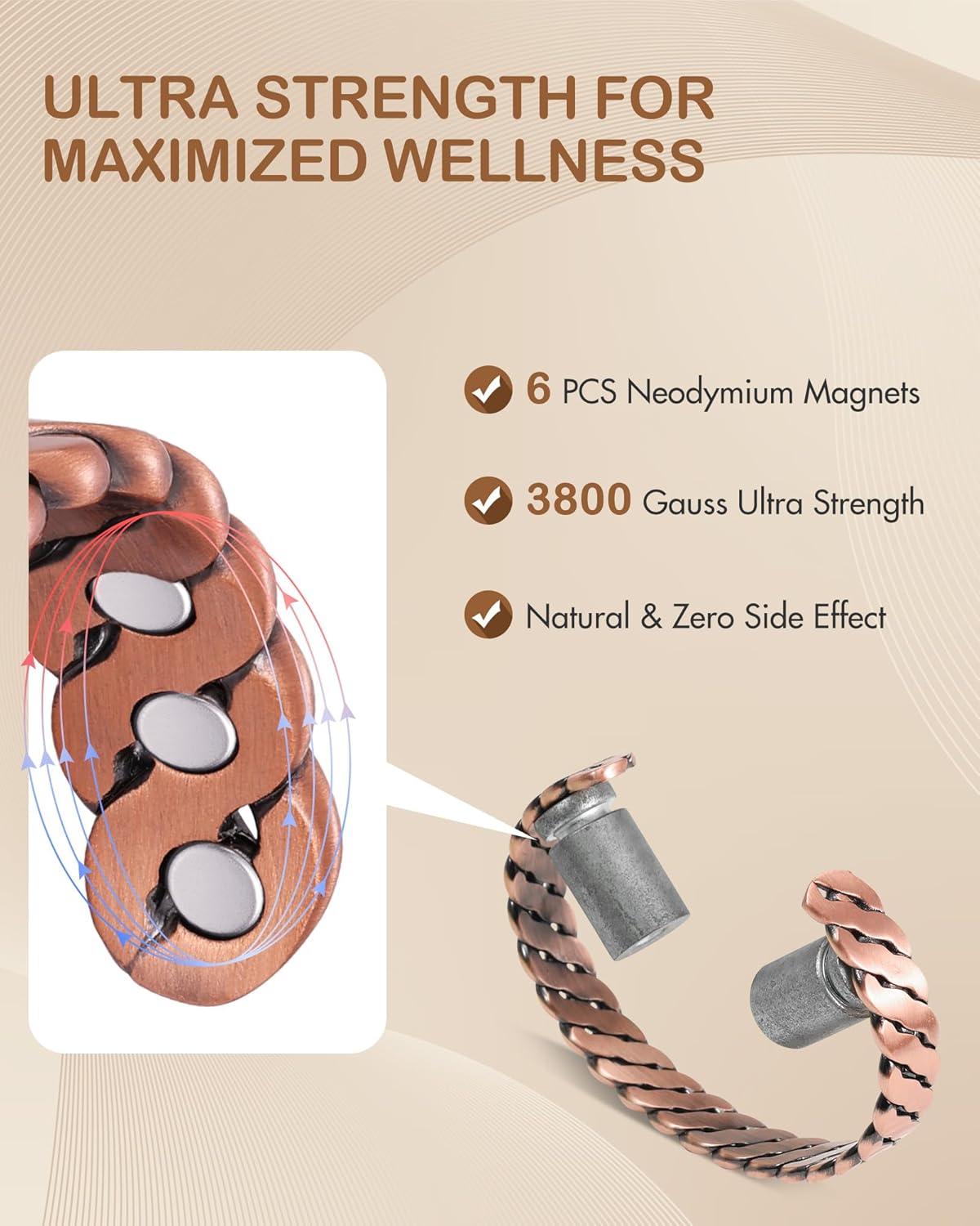 Feraco Pure Copper Bracelet for Men Women, Enhanced Strength Magnetic Bracelet with 3800 Gauss Neodymium Magnets, Solid Copper Cuff Bangle, Adjustable Jewelry Gift (TwistFlow)