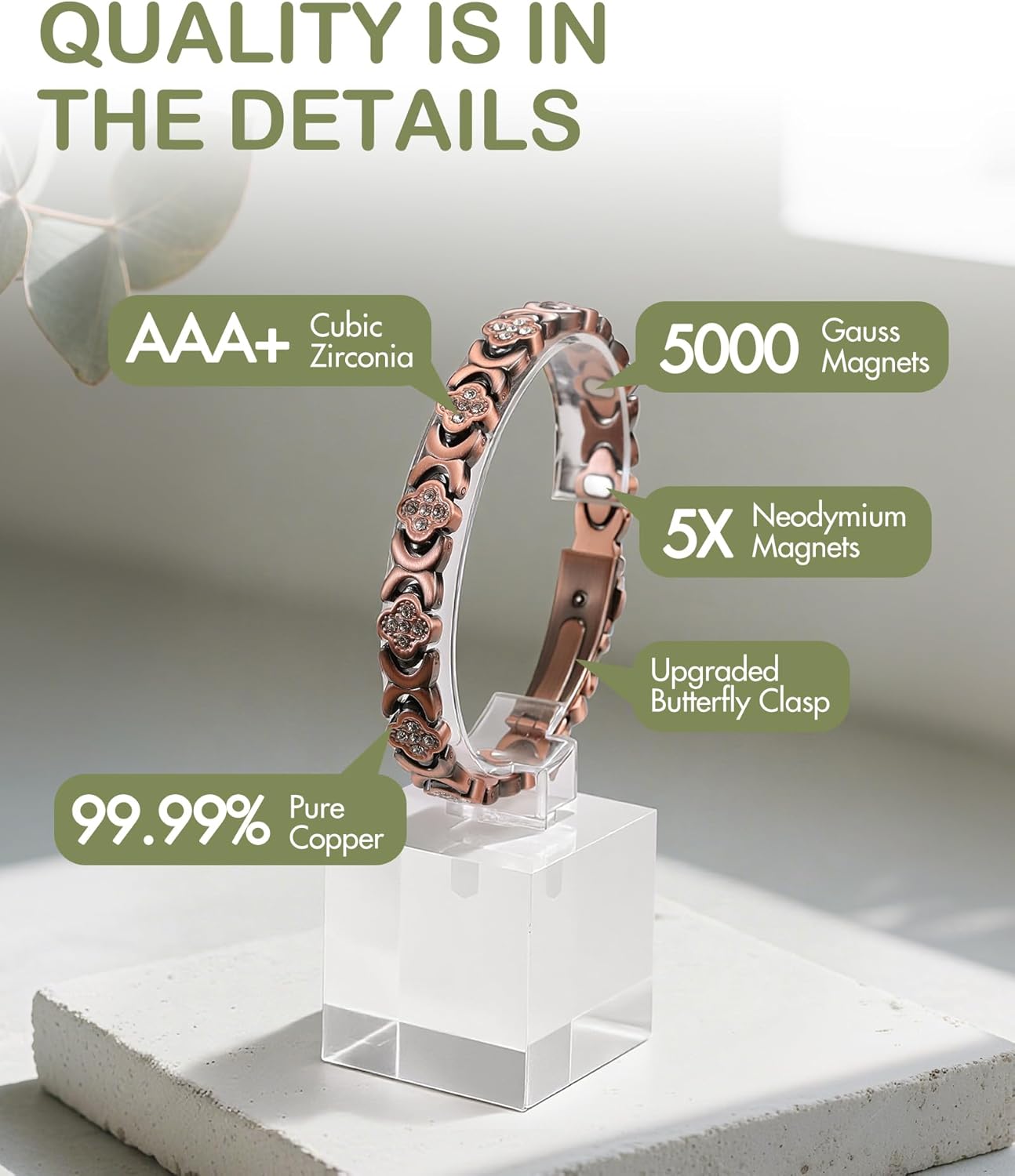 Feraco Pure Copper Bracelets for Women, 5X Ultra Strength Magnetic Bracelet with 5000 Gauss Magnets & Sparkling Cubic Zirconia, Premium Folding Clasp, Infinite Clover Jewelry Gift