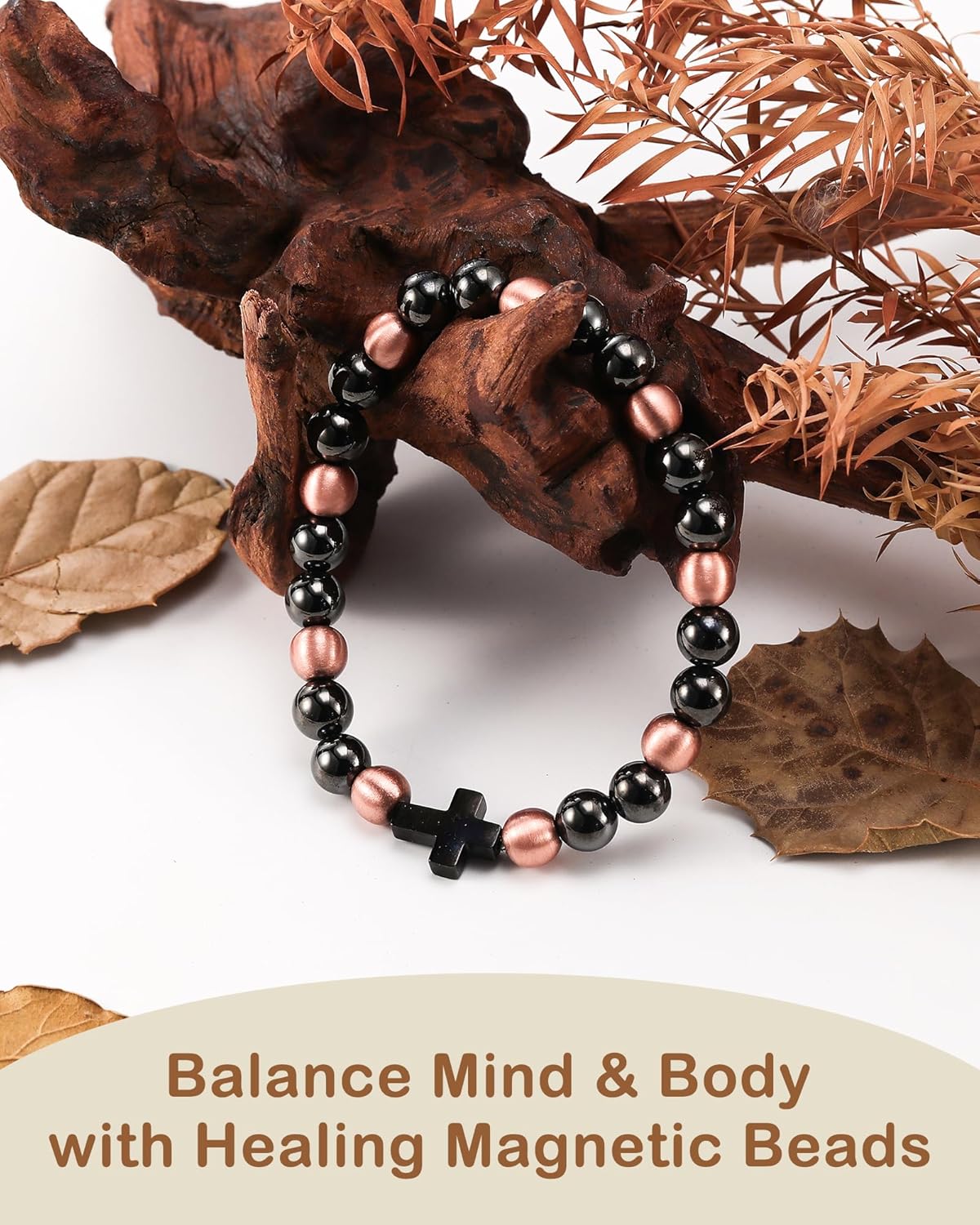 Feraco Pure Copper Magnetic Bead Bracelet for Men Women, 8mm 99.99% Solid Copper & 3500 Gauss Magnetic Hematite Beads, Unisex Stretch Wristband, Gift-Ready Jewelry