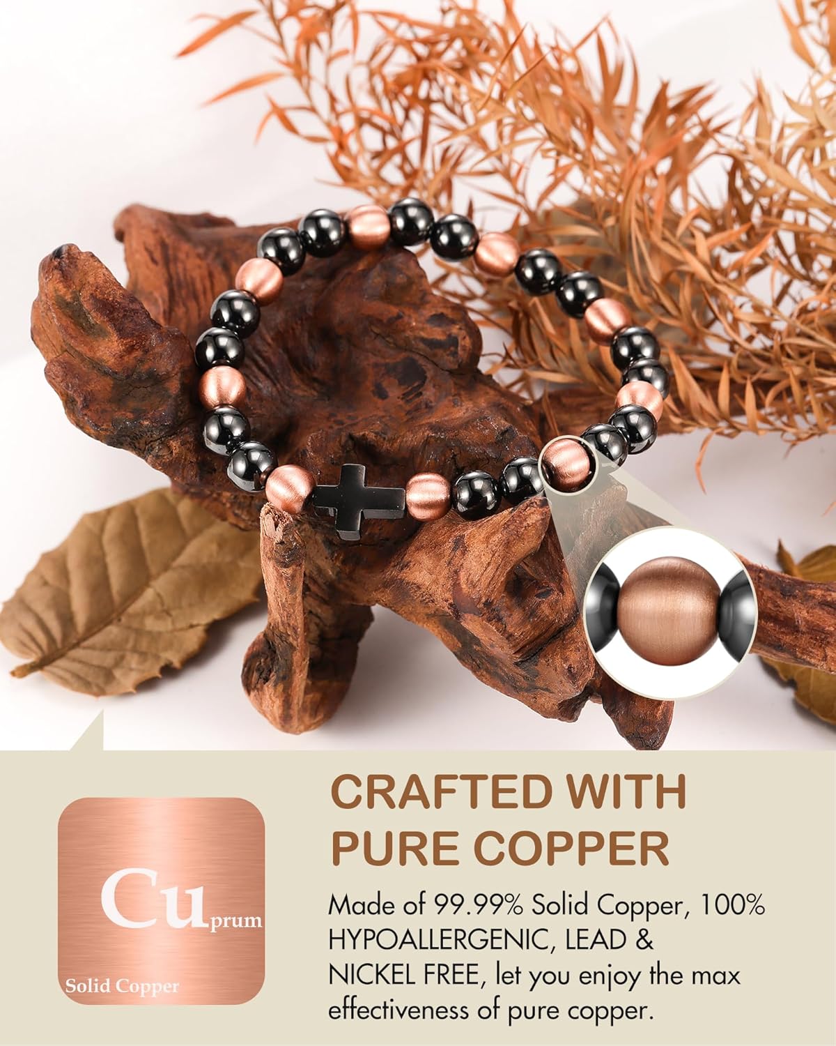 Feraco Pure Copper Magnetic Bead Bracelet for Men Women, 8mm 99.99% Solid Copper & 3500 Gauss Magnetic Hematite Beads, Unisex Stretch Wristband, Gift-Ready Jewelry