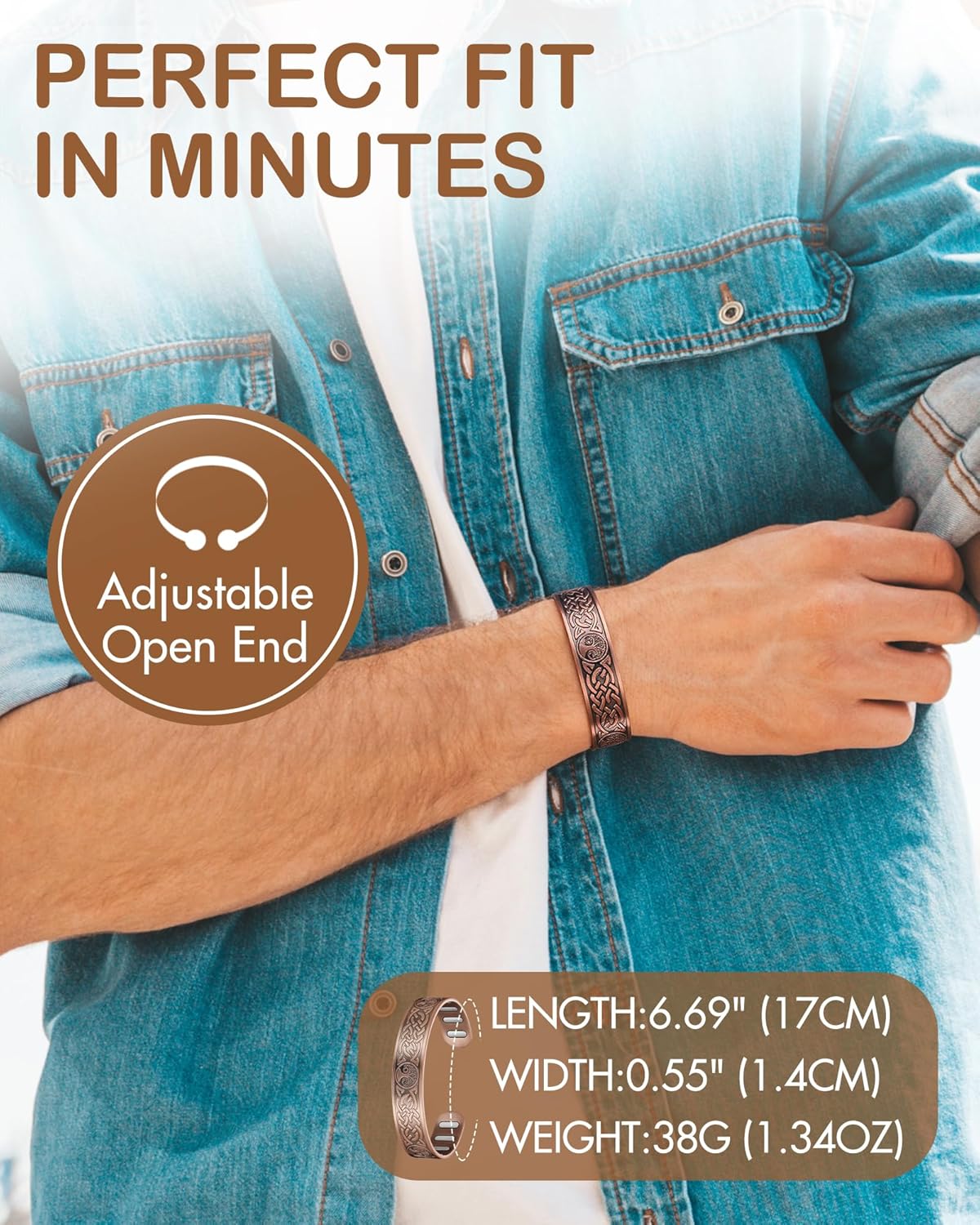 Feraco Copper Bracelet for Men, 5X Ultra Strength Magnetic Cuff Bangle with 5000 Gauss Neodymium Magnets, 99.99% Pure Copper Jewelry Gift, Adjustable