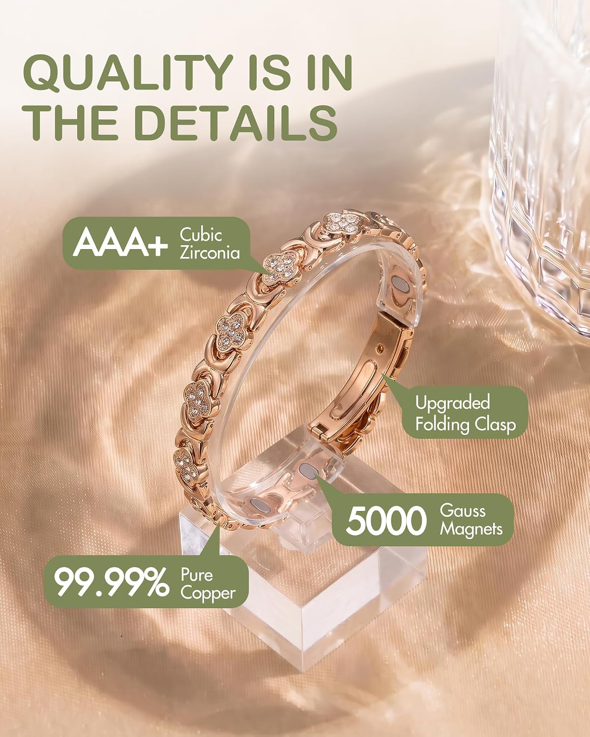Feraco 5X Strength Magnetic Copper Bracelet with 5000 Gauss Neodymium Magnets, Rose Gold Clover