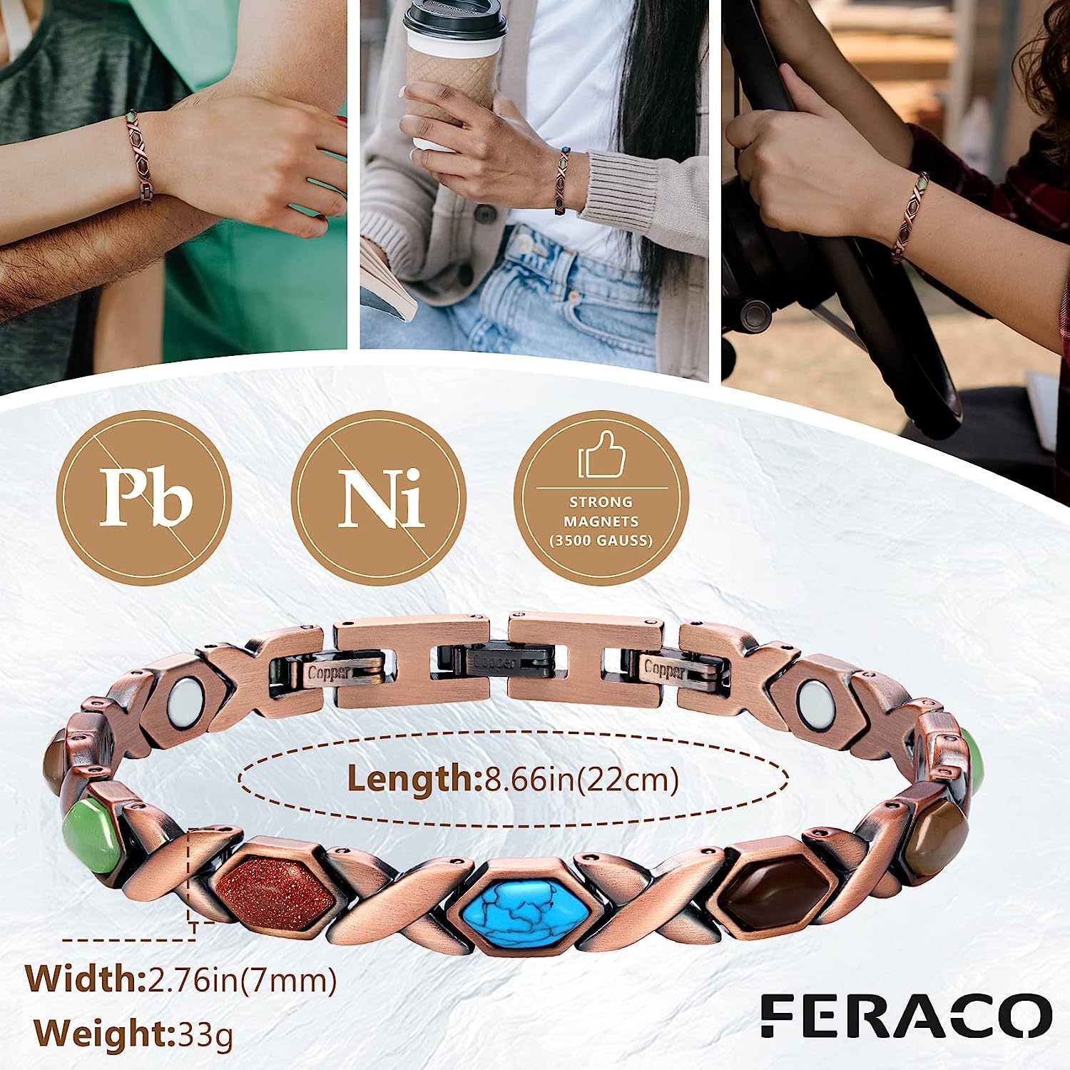 Colorful Natural Turquoise Pure Copper Magnetic Therapy Bracelets