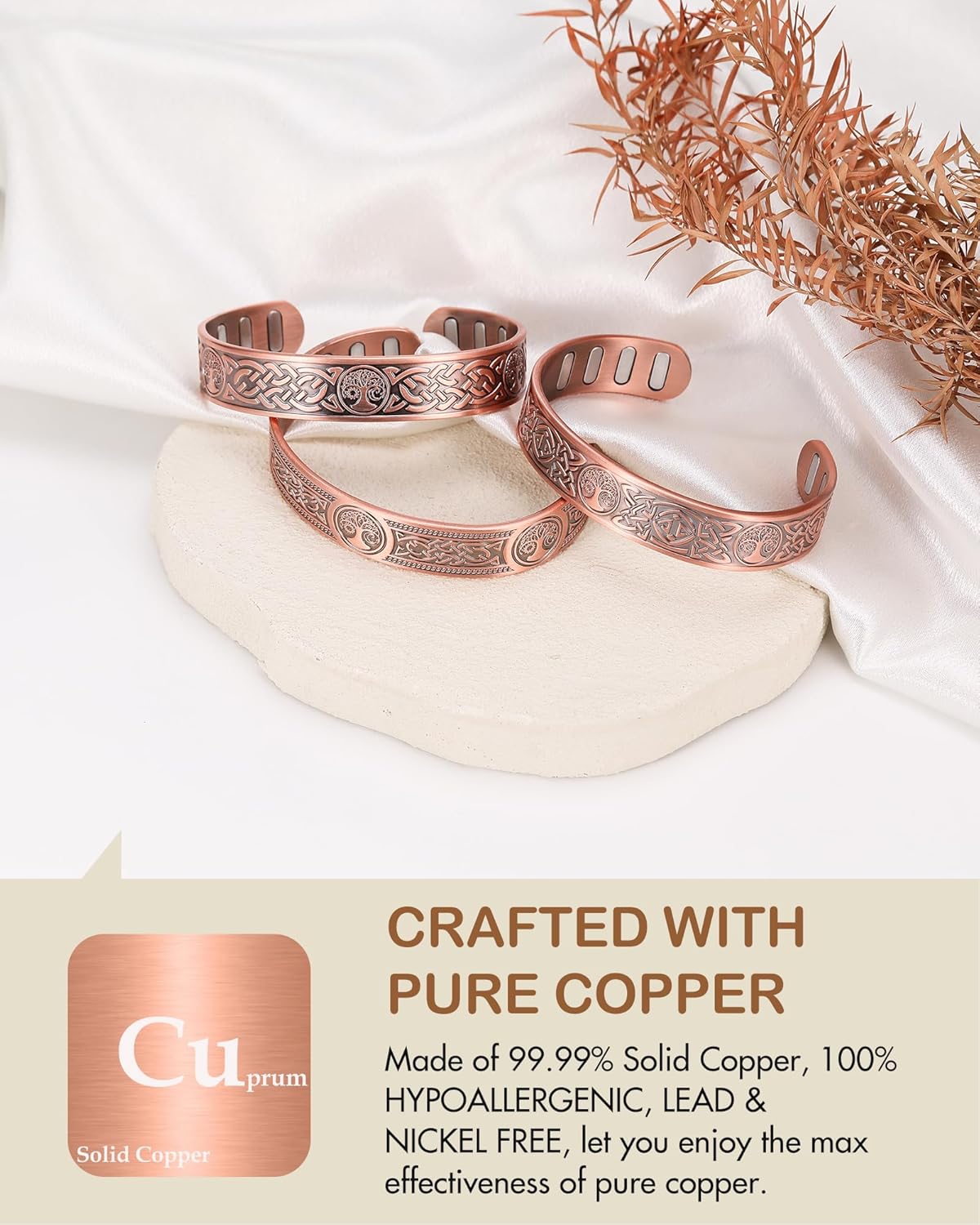 Feraco Copper Bracelet for Men, 5X Ultra Strength Magnetic Cuff Bangle with 5000 Gauss Neodymium Magnets, 99.99% Pure Copper Jewelry Gift, Adjustable