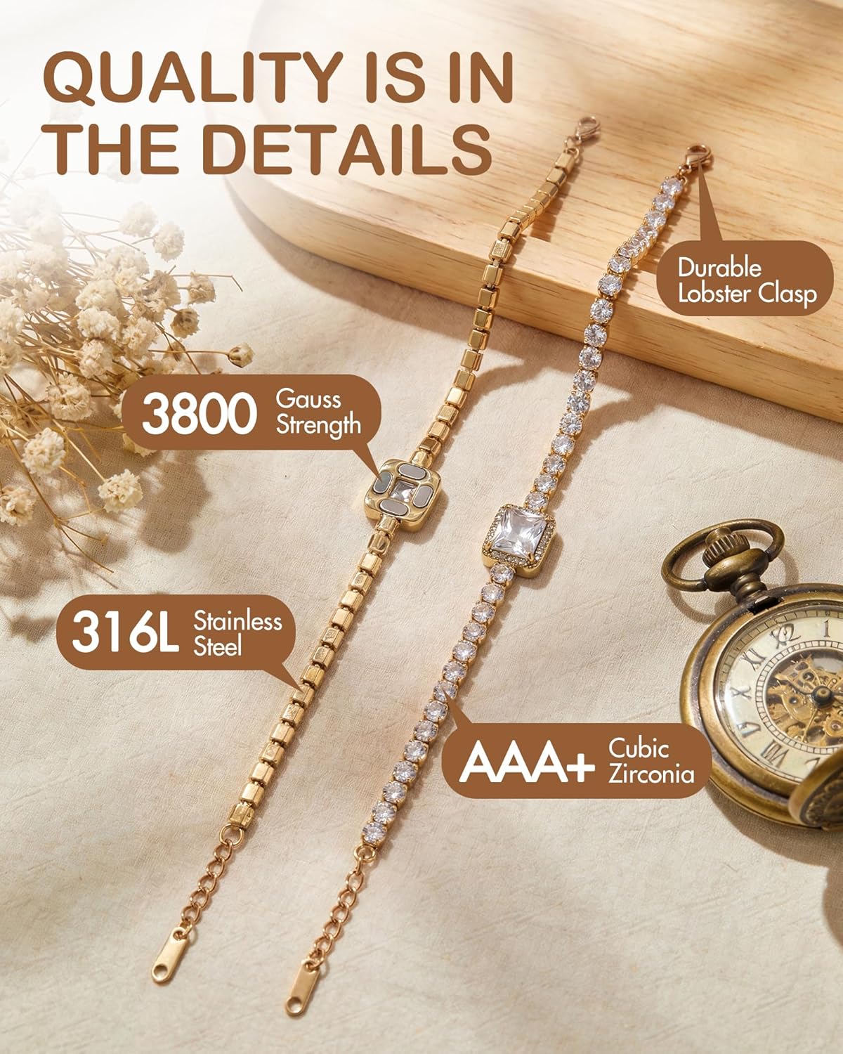 Feraco Magnetic Bracelets for Women, Stainless Steel Dainty Tennis Bracelet with 4PCS 3800 Gauss Neodymium Magnets & AAA+ Cubic Zirconia, Lobster Claw