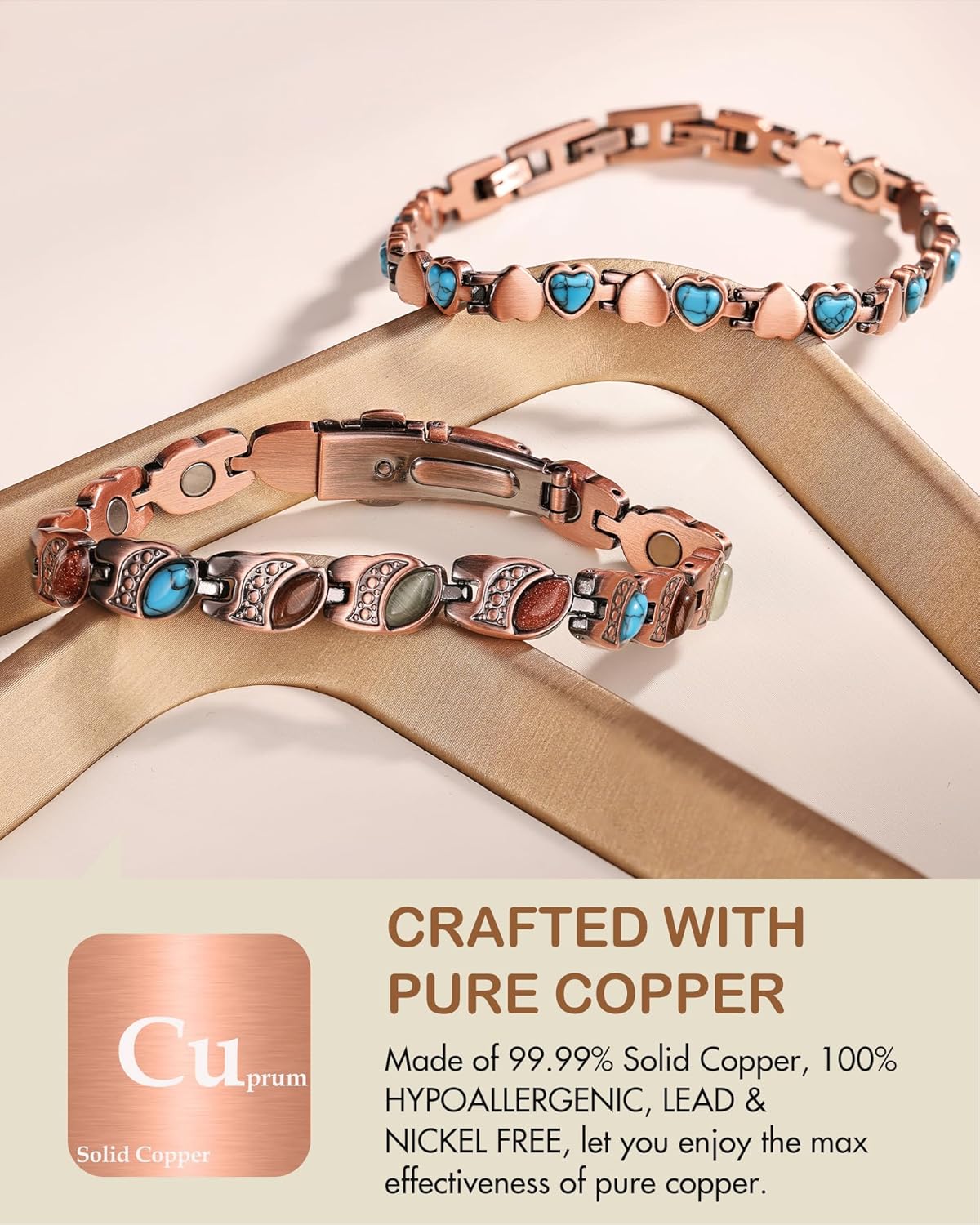 Feraco Pure Copper Bracelets for Women, Ultra Strength Magnetic Bracelet with 3800 Gauss Magnets & Natural Turquoise & Stones, Adjustable, Jewelry Gift