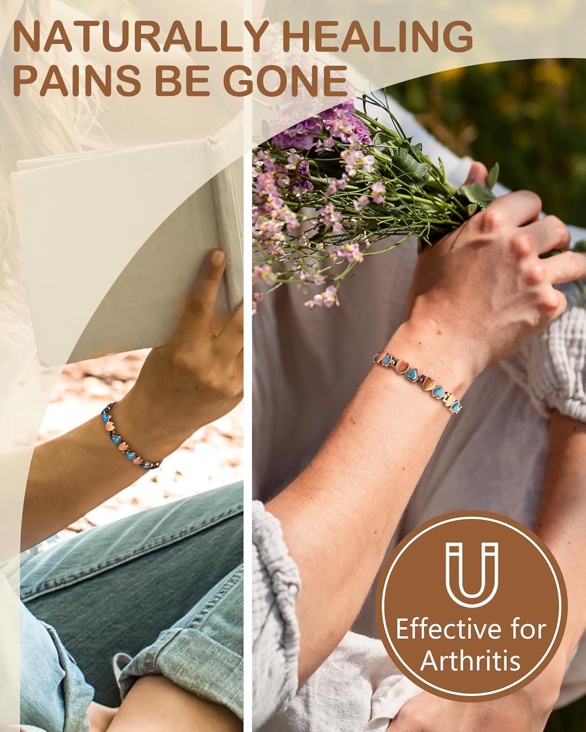 Feraco Pure Copper Bracelets for Women, Ultra Strength Magnetic Bracelet with 3800 Gauss Magnets & Natural Turquoise & Stones, Adjustable, Jewelry Gift