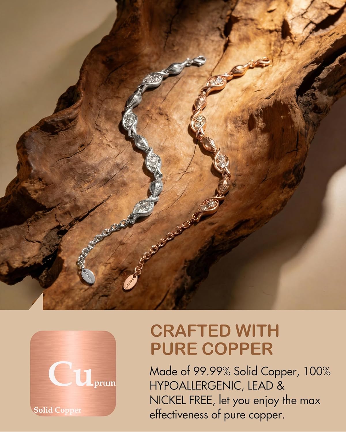 Feraco Pure Copper Bracelets for Women, Ultra Strength Magnetic Bracelet for Women with 3800 Gauss Magnet & Dazzling Austrian Crystals Stone, Copper Jewelry Gift