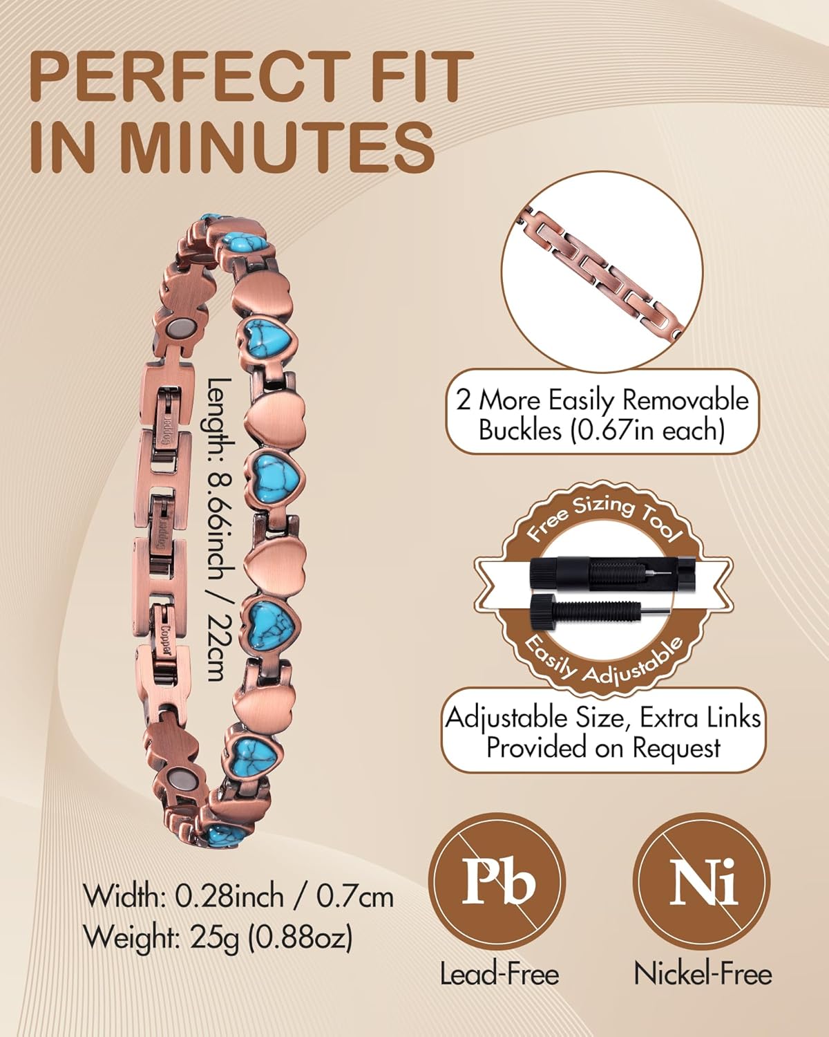 Feraco Pure Copper Bracelets for Women, Ultra Strength Magnetic Bracelet with 3800 Gauss Magnets & Natural Turquoise & Stones, Adjustable, Jewelry Gift