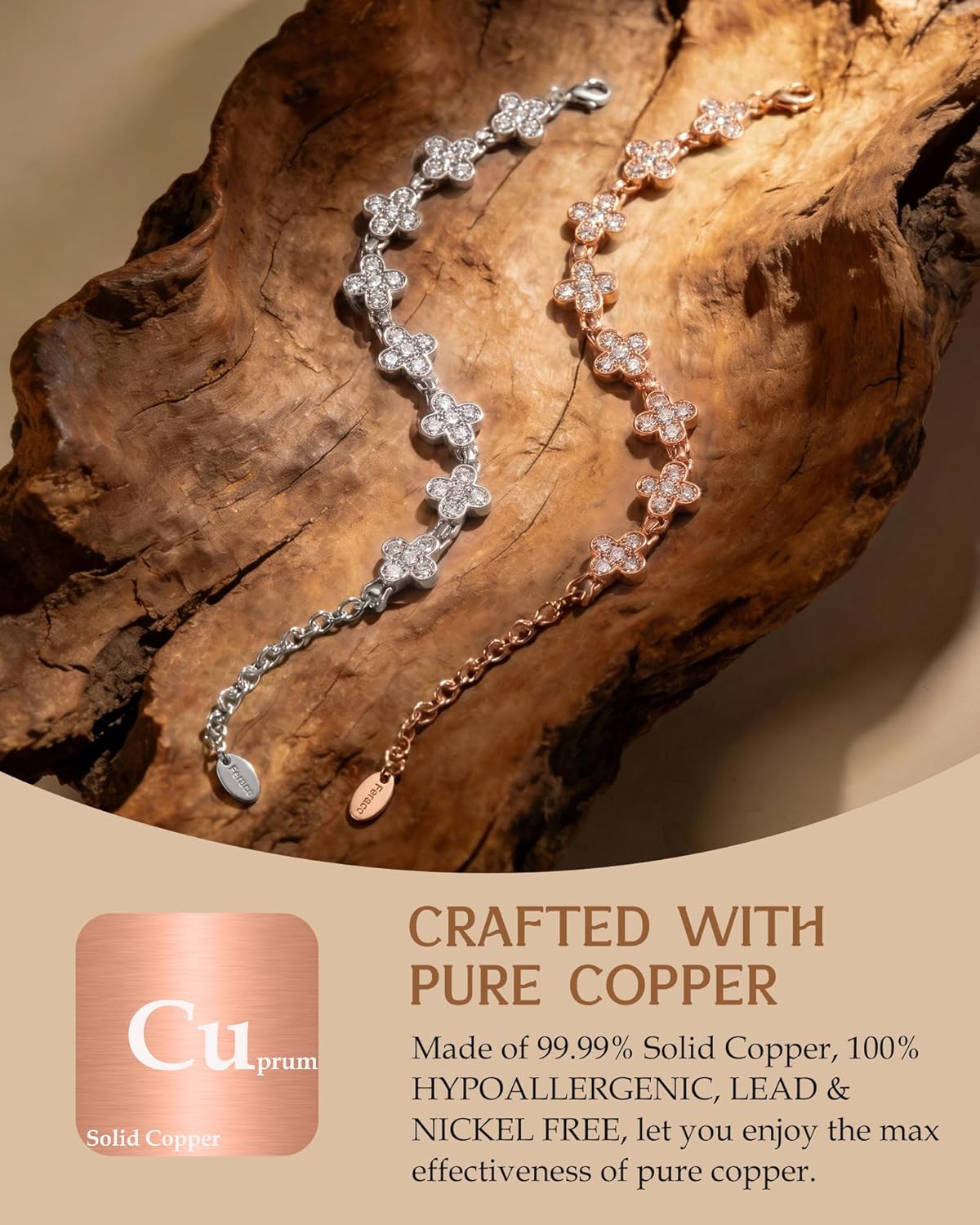 Feraco Pure Copper Bracelets for Women, Ultra Strength Magnetic Bracelet for Women with 3800 Gauss Magnet & Dazzling Austrian Crystals Stone, Flower Copper Jewelry Gift