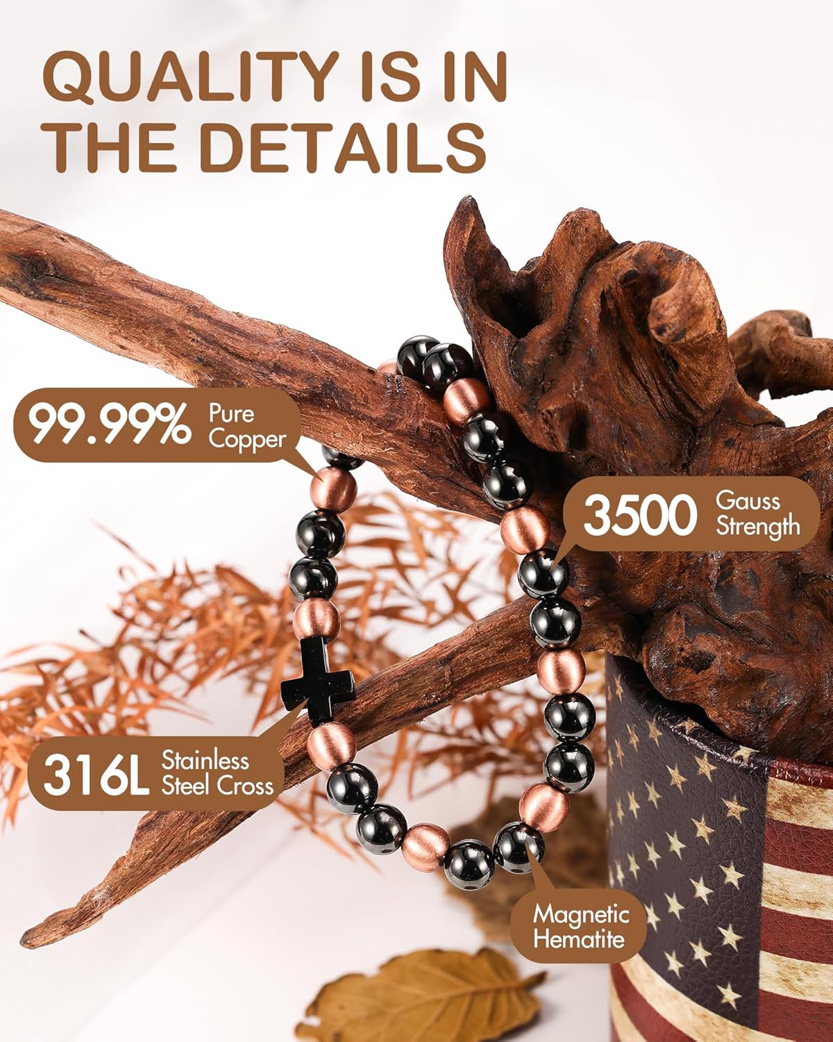 Feraco Pure Copper Magnetic Bead Bracelet for Men Women, 8mm 99.99% Solid Copper & 3500 Gauss Magnetic Hematite Beads, Unisex Stretch Wristband, Gift-Ready Jewelry