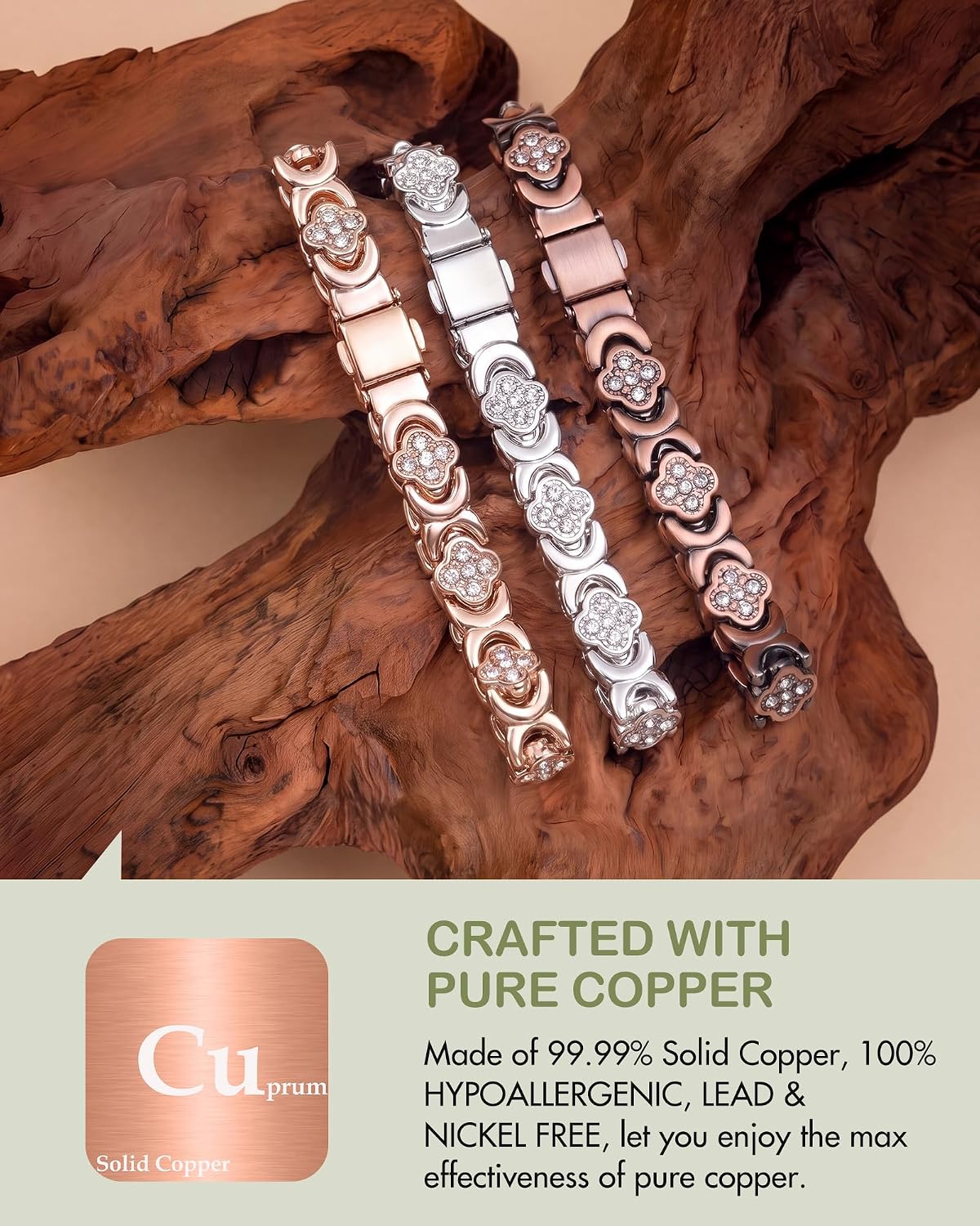 Feraco 5X Strength Magnetic Copper Bracelet with 5000 Gauss Neodymium Magnets, Rose Gold Clover