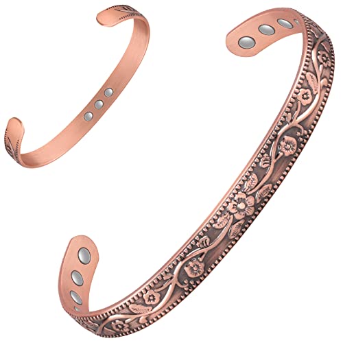 Vintage Flower Copper Cuff for Women with 11 Magnets.